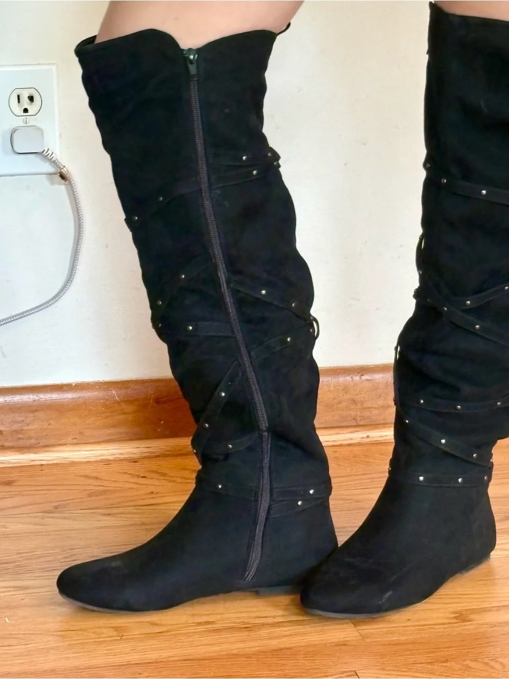 Black Studded Knee-High Women's Boots